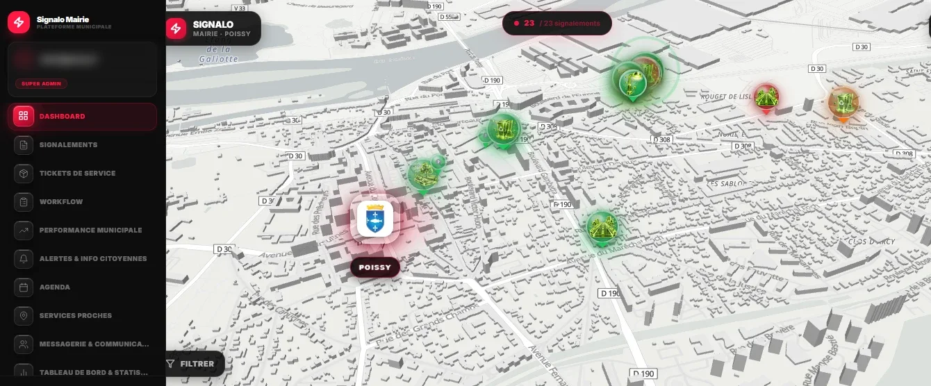 Interface Signalo Mairie : carte de la commune avec les signalements géolocalisés, et le menu tableau de bord, signalements, tickets de service, workflow, performance municipale, alertes et info citoyennes, agenda, messagerie.